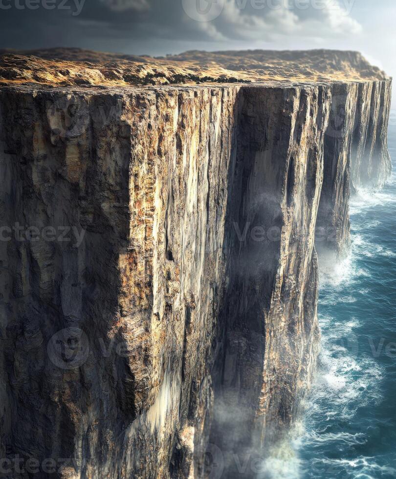 A large cliff with water and a dark sky photo
