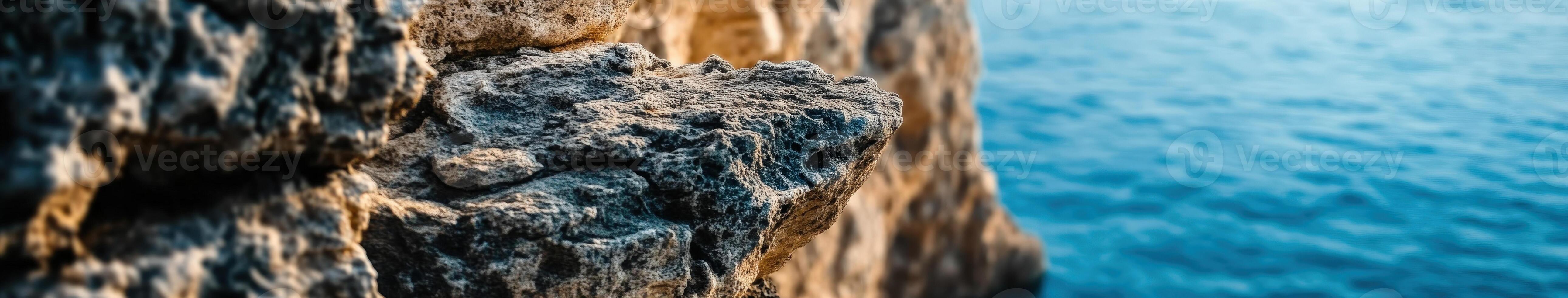 A rock cliff with water in the background photo