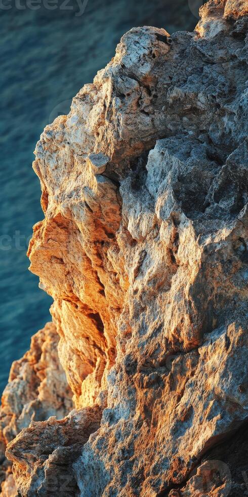 A rock formation on the edge of the ocean photo