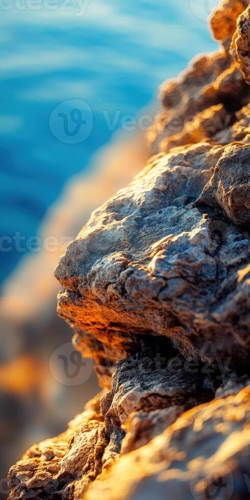 A close up of rocks on the shore of the ocean photo