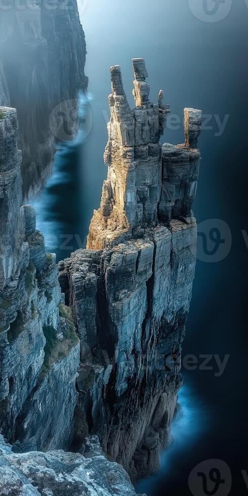 A rocky cliff with a lighthouse on top photo