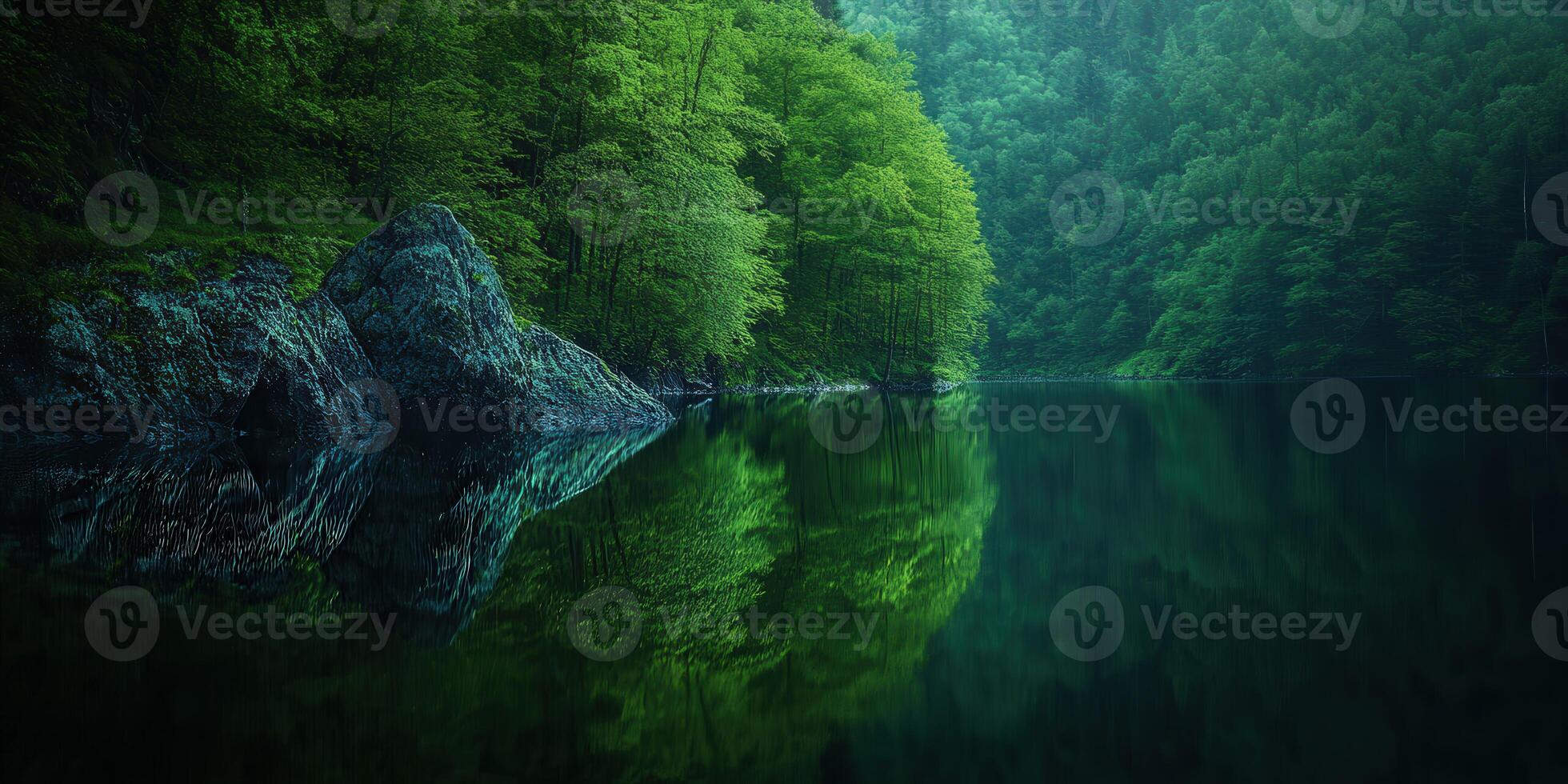 Serene green lake reflections photo