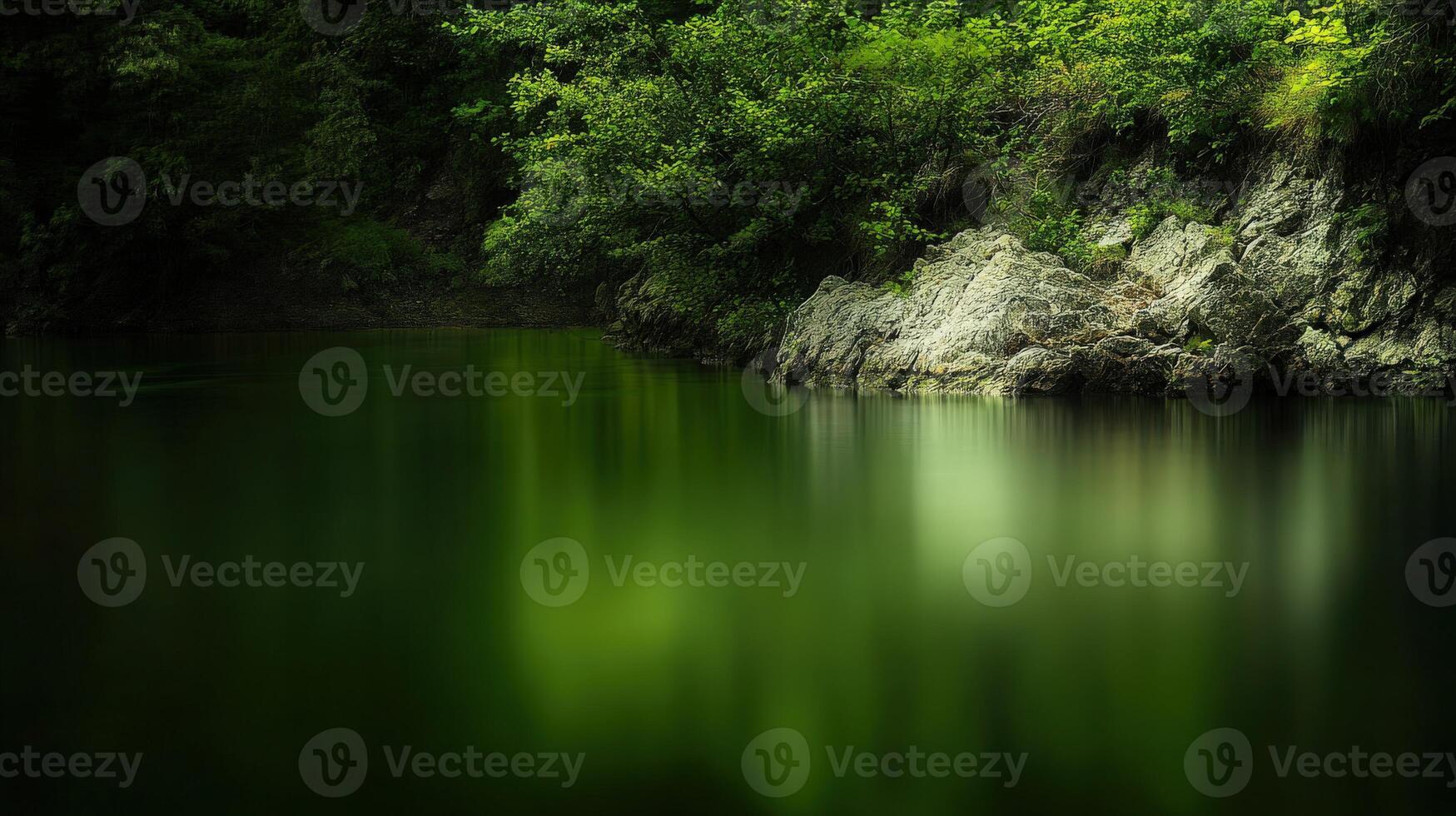 Serene green lake surrounded by rocks photo