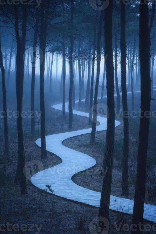 Winding path through misty woods photo
