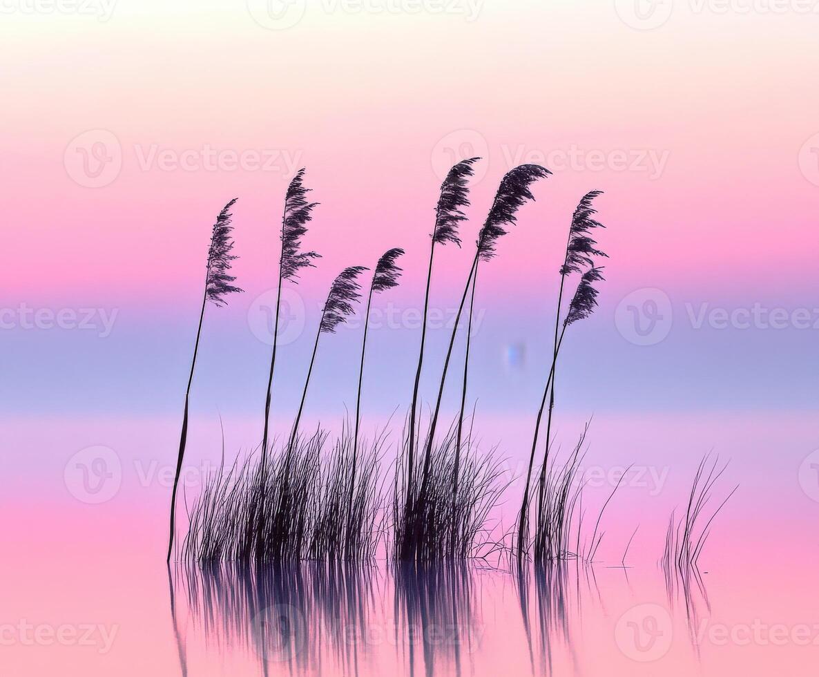 Sunset over calm water reeds photo