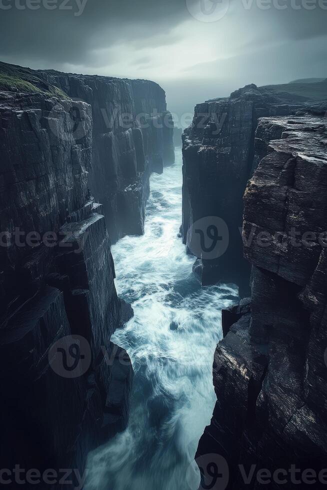 Dramatic cliffs with rushing waves photo