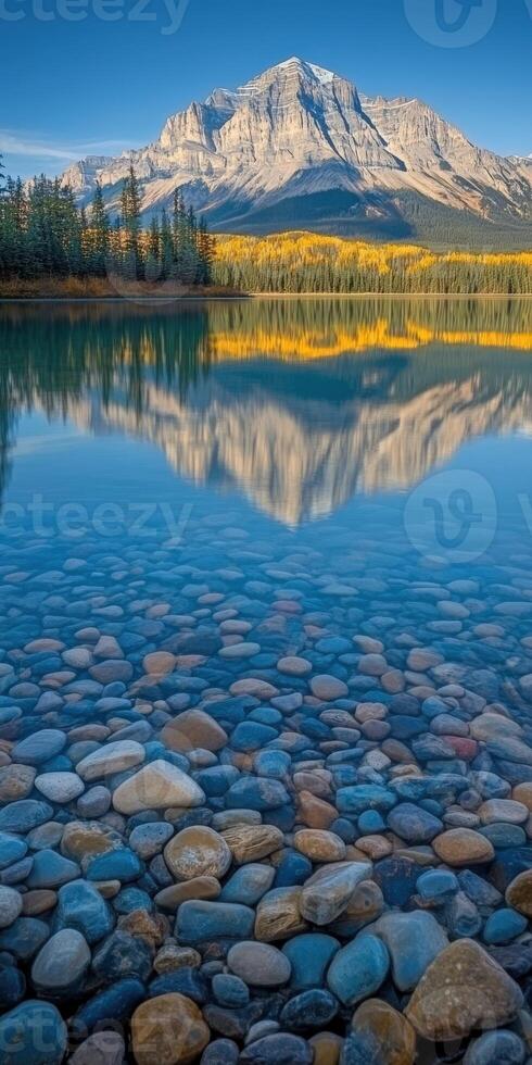 Stunning mountain reflection on clear lake photo