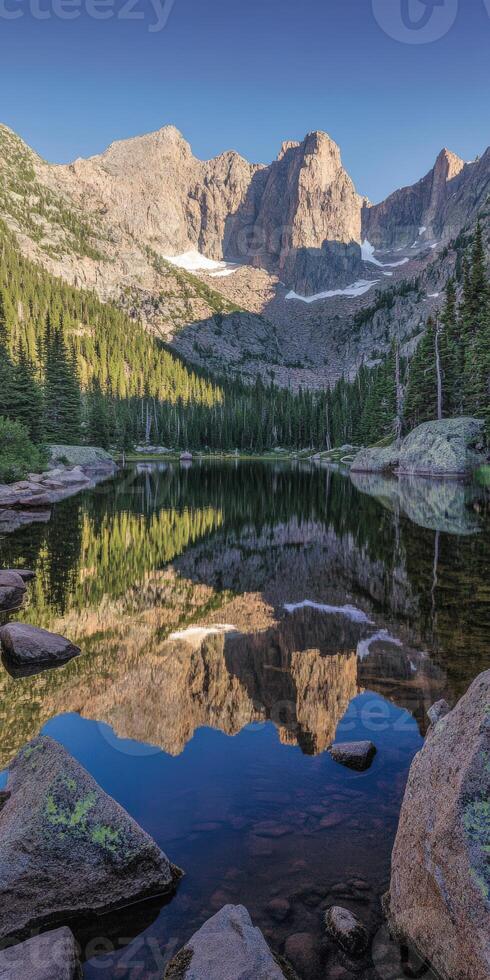 A mountain range is reflected in a lake photo