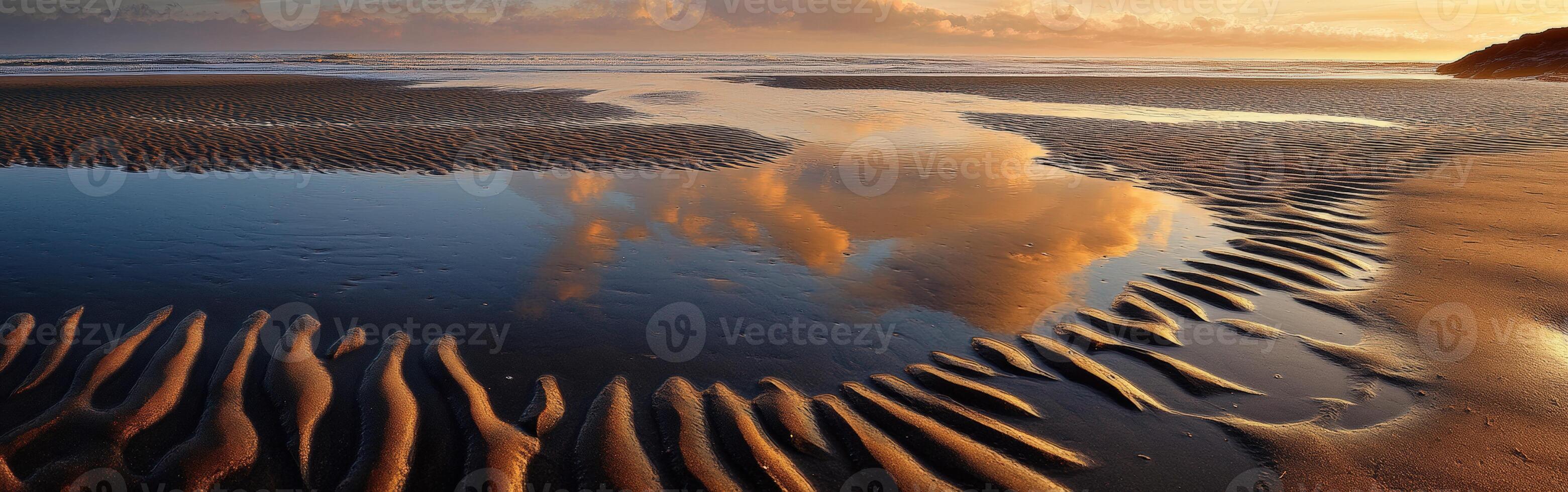 Sunset reflection on wet sand photo