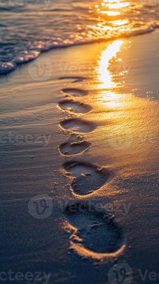 Footprints on sandy shore at sunset photo