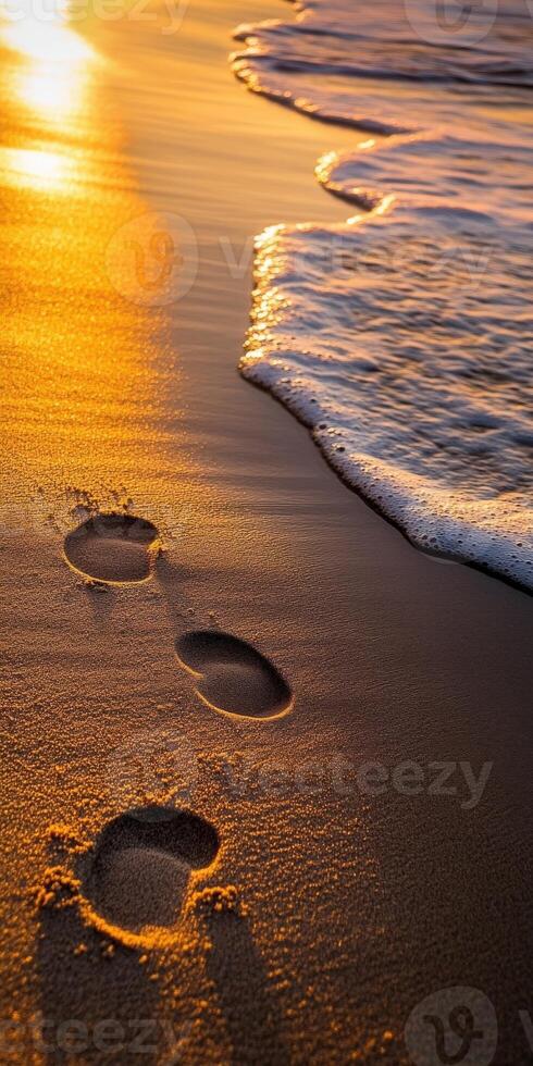 Footprints on the beach at sunset photo
