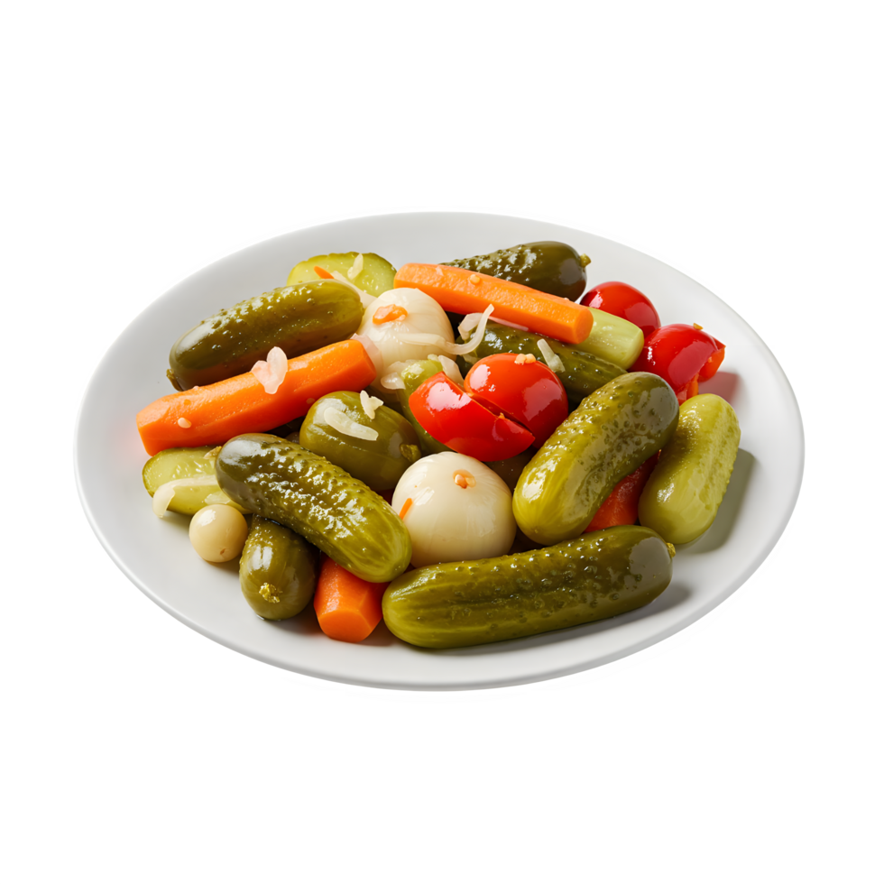 A platter of mixed vegetable pickles, perfect for fermenting and enjoying nutritious meals. png