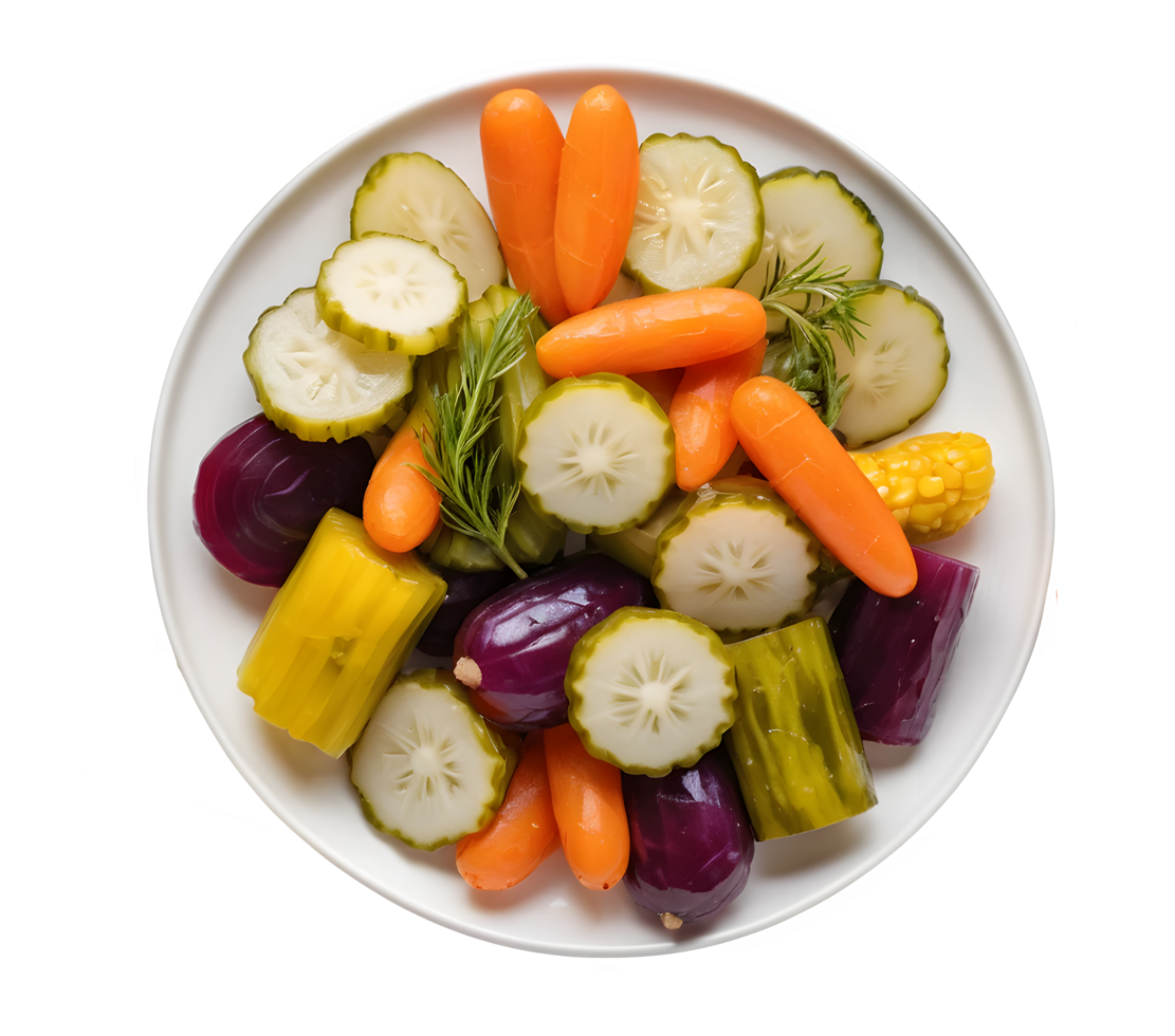 Mixed vegetable pickles served on a plate, awesome for fermentation and healthy eating. png