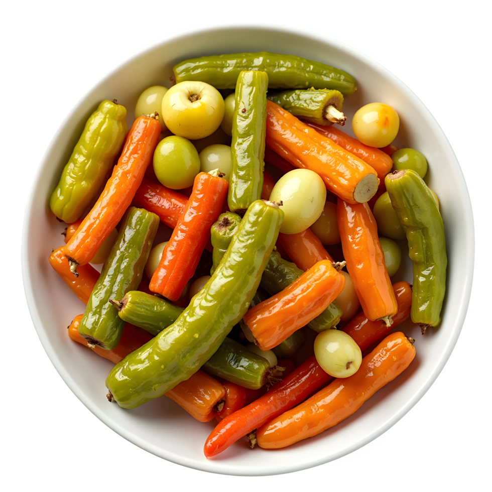 A dish of mixed veggie pickles, just right for fermentation and keeping your meals healthy. png
