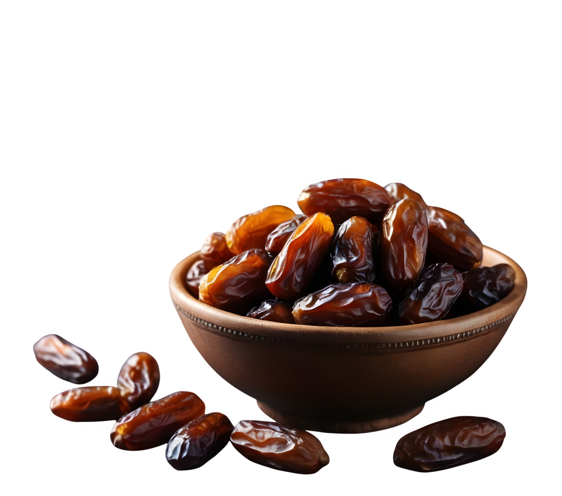 A bowl containing dried dates. A selection of pitted dates. Nourishment for the Ramadan period. png