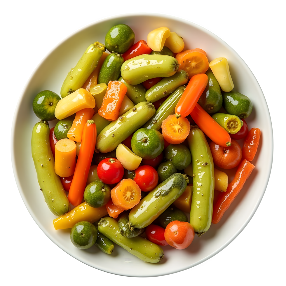 A plate of mixed vegetable pickles, ideal for fermentation and a healthy diet. png