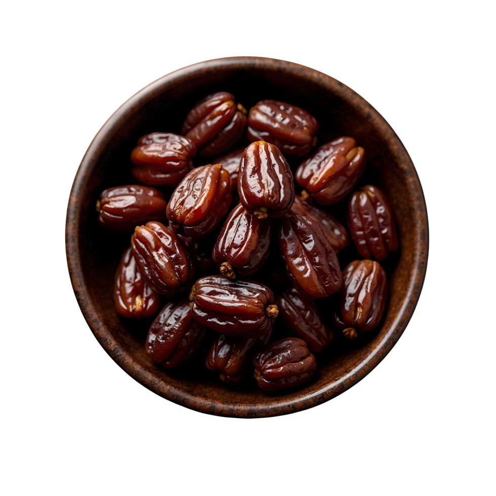 A bowl filled with dried dates. A collection of pitted dates. Sustenance for the observance of Ramadan. png