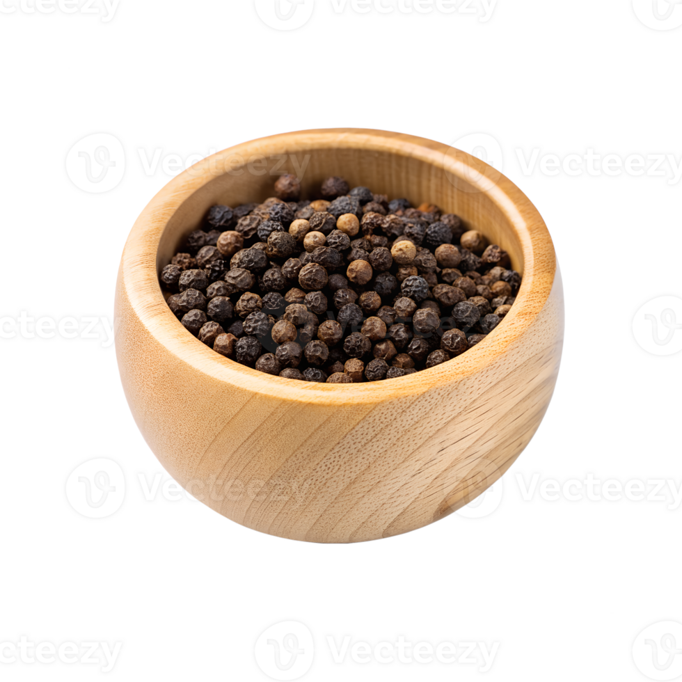 Glossy Wooden Bowl Filled with Black Peppercorns png