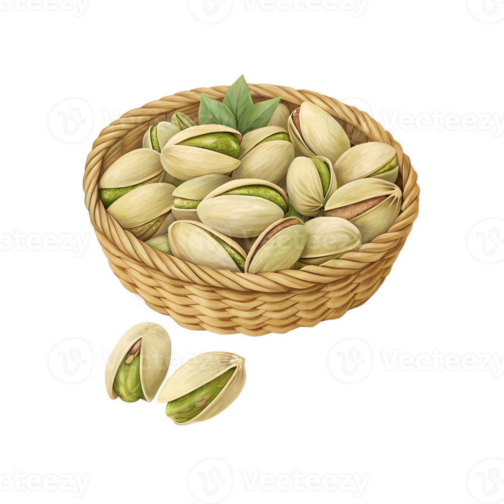 Detailed Illustration of a Woven Basket Filled with Fresh Pistachios png