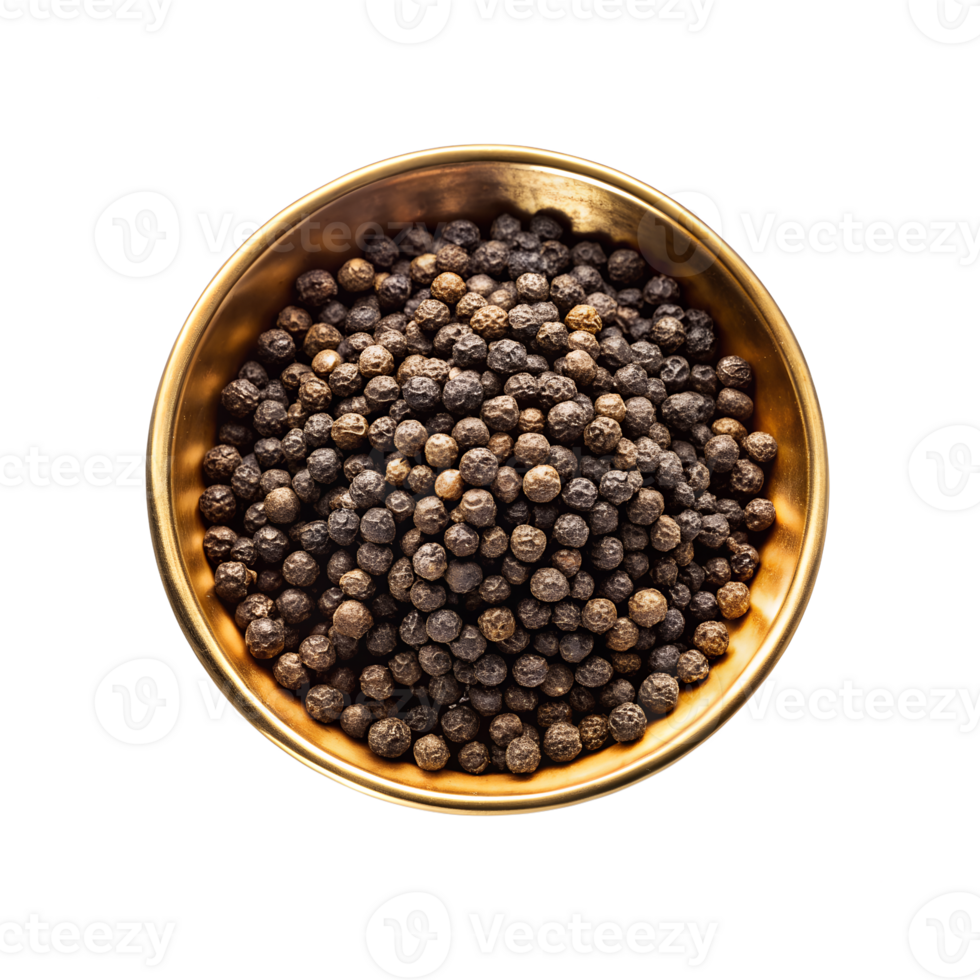 Top-Down View of Fresh Black Pepper in a Glossy Brass Bowl png