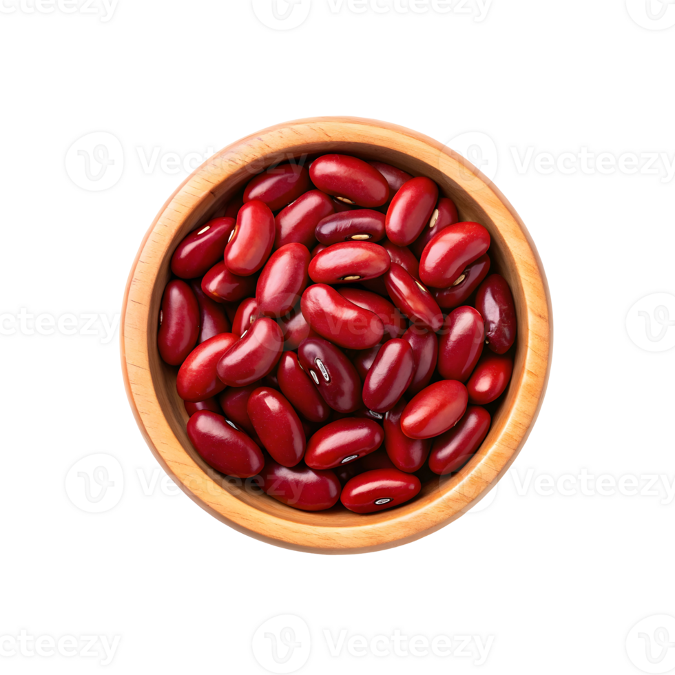 Top-Down View of a Rustic Wooden Bowl Filled with Glossy Red Kidney Beans png