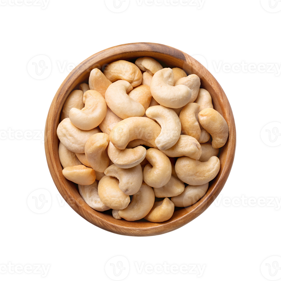 Freshly Picked Cashew Nuts in a Rustic Wooden Bowl Top-Down View png