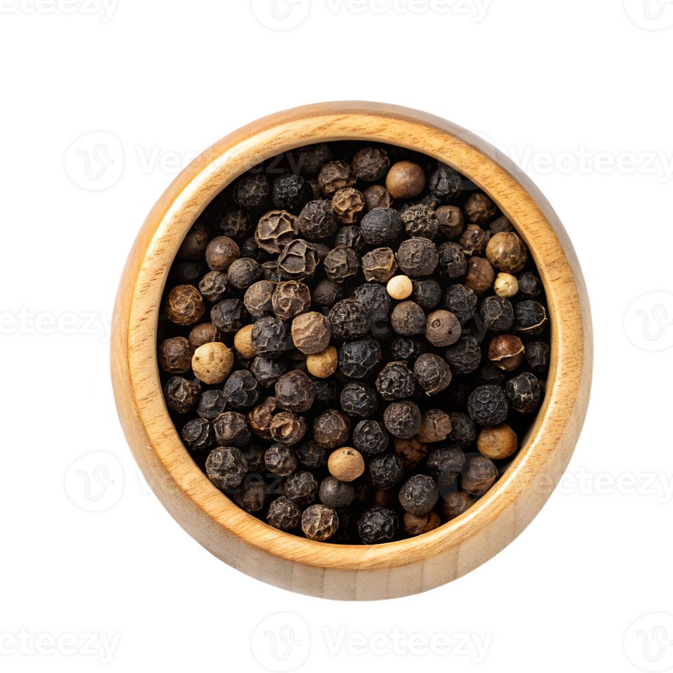Top-Down View of a Glossy Wooden Bowl Filled with Black Peppercorns png