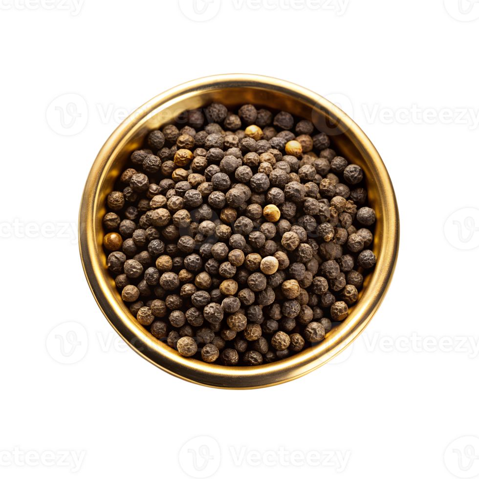 Top-Down View of Fresh Black Pepper in a Brass Bowl png