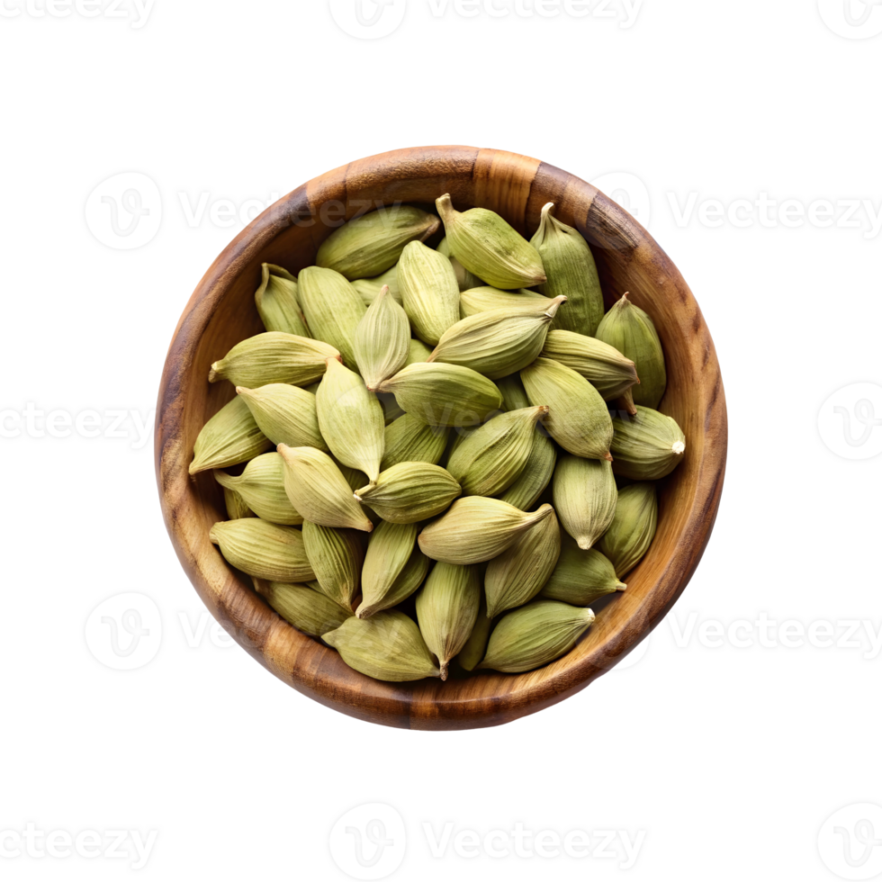 Freshly Picked Cardamom A Rustic Wooden Bowl Filled with Aromatic Spice png