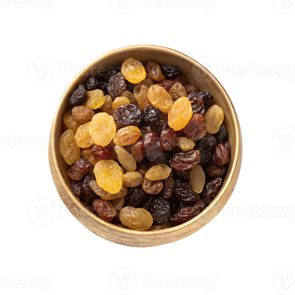 Top-Down View of a Glossy Light Brass Bowl Filled with Assorted Raisins High Detail png
