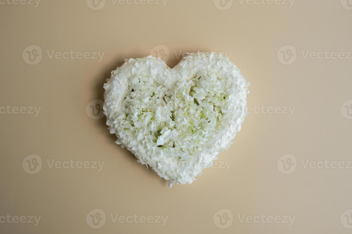 White lilac flowers heart shaped in pastel backdrop. Symbol of love floral arrangement. Spring concept idea Valentine's Day, weeding proposal postcard copy space for your text photo