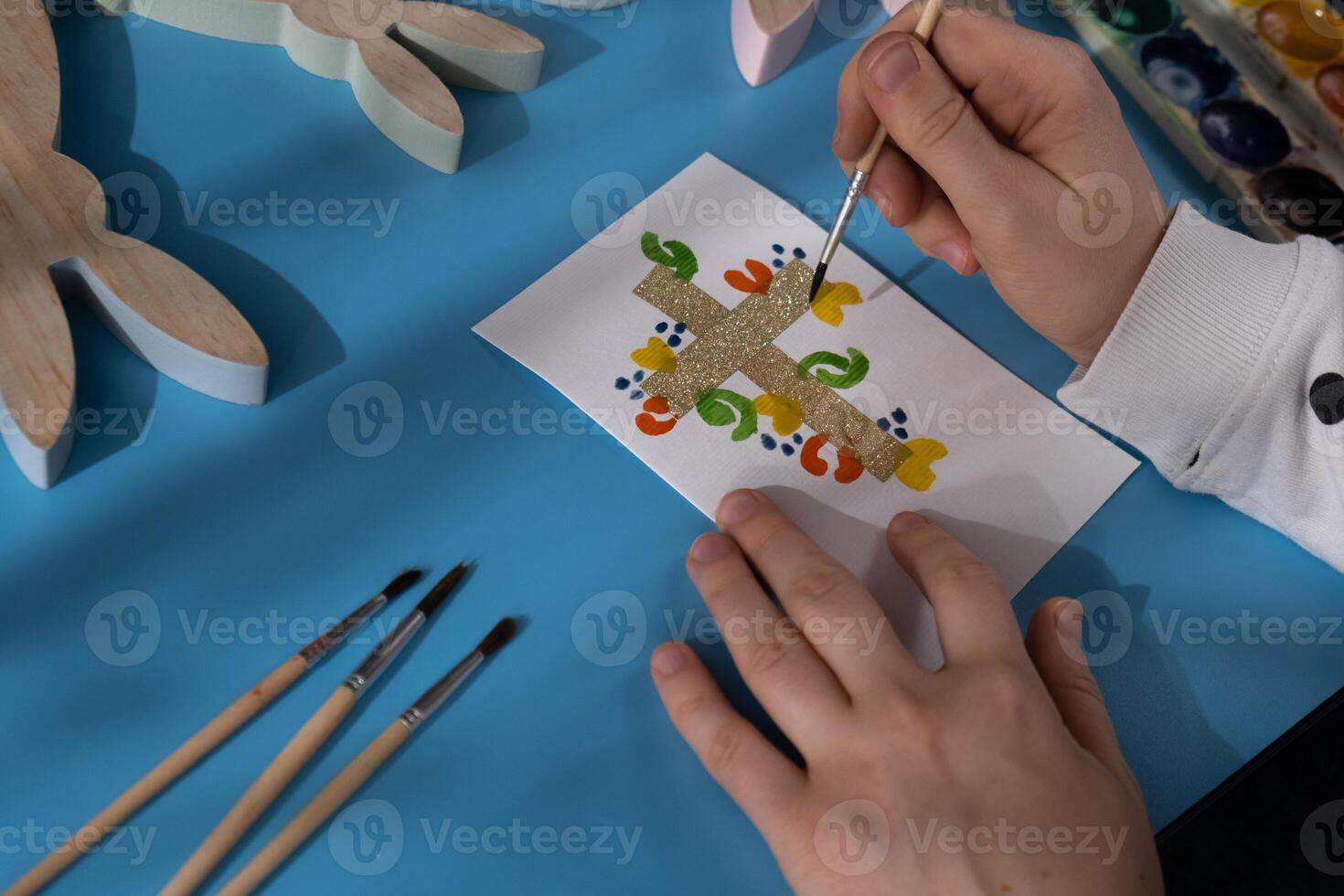 Painting Easter cross Gift Easter idea. Do it yourself instruction postcard eco-friendly decoration. Making handmade art presents children's diy projects. Spring holiday family time. Creative activity photo