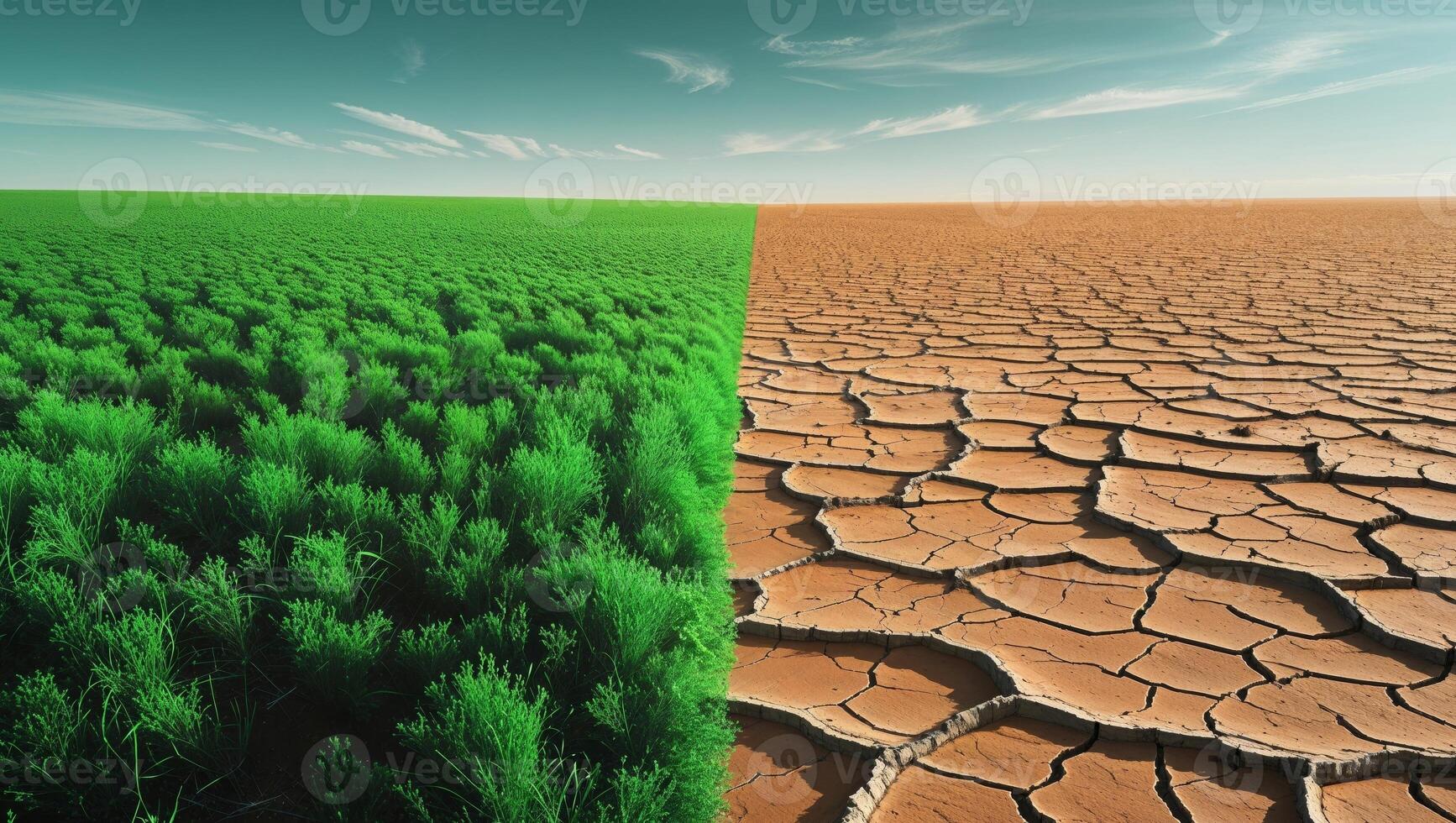 Vivid contrast between lush green field and parched golden field highlights nature s duality. photo