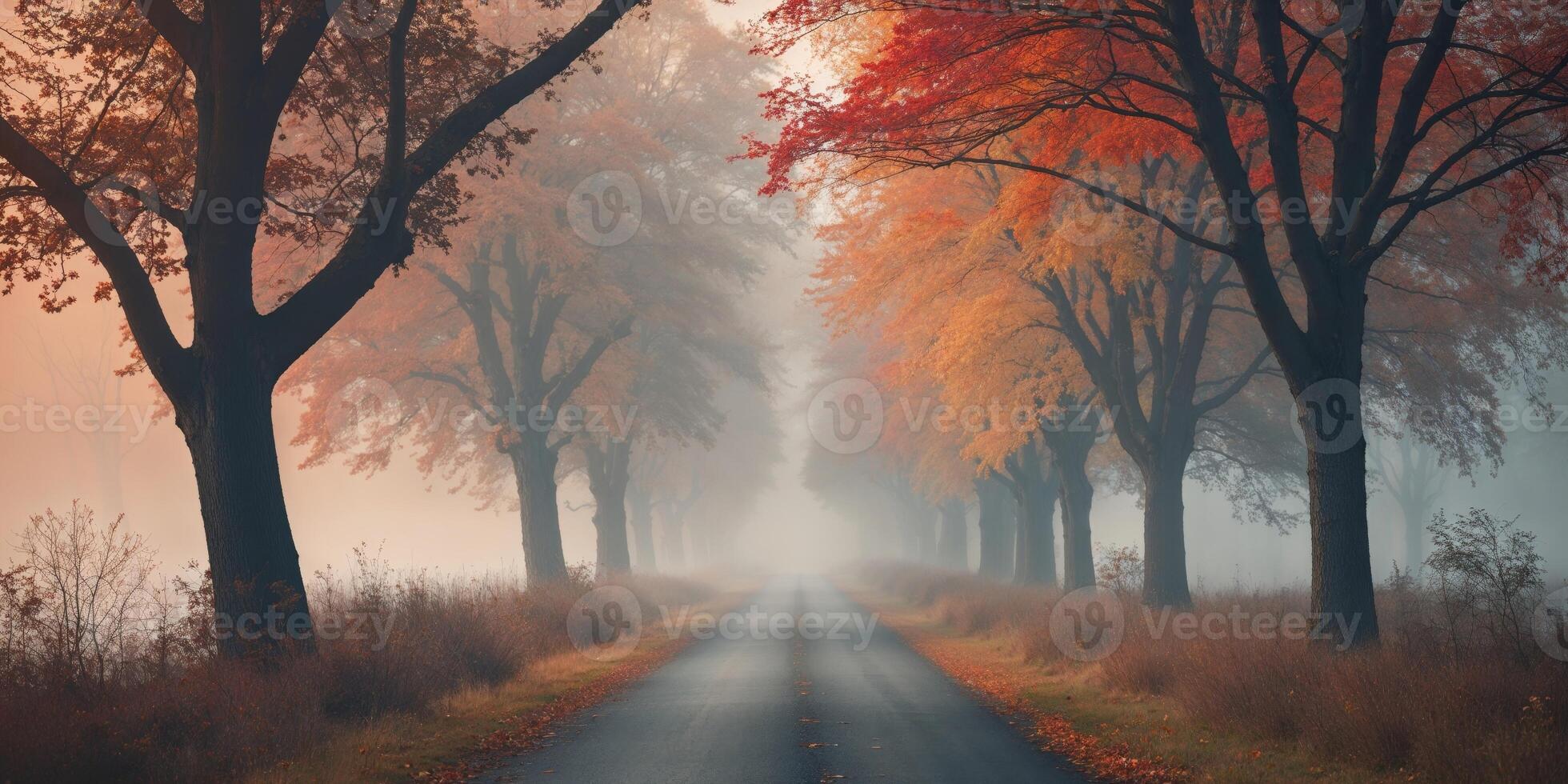 Scenic Tree Lined Road with Empty Copy Space for Text in Autumn Landscape and Tranquil Atmosphere photo