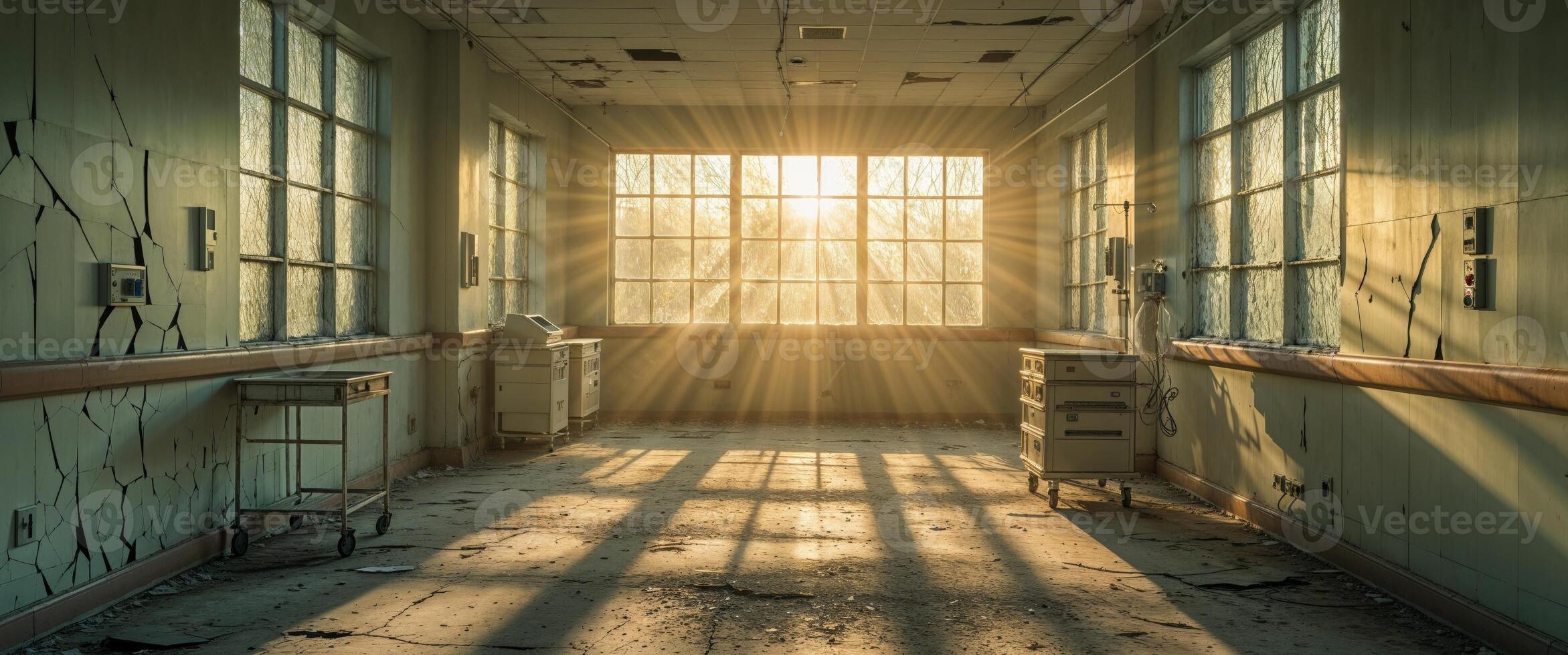 Sun shining through broken windows illuminating a long abandoned hospital hallway falling apart. photo