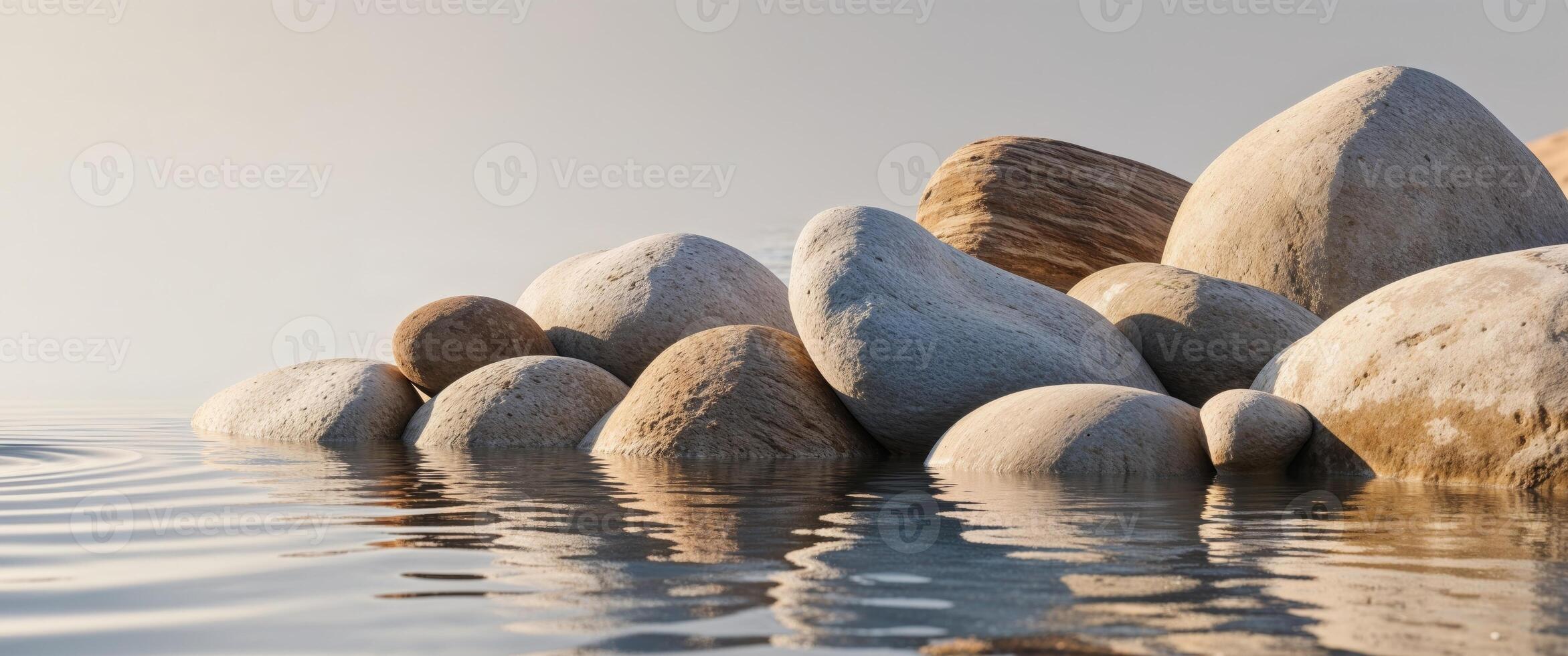 A peaceful dance of reflections and textures unfolds as rocks and water harmoniously coexist on serene riverbank or shore photo