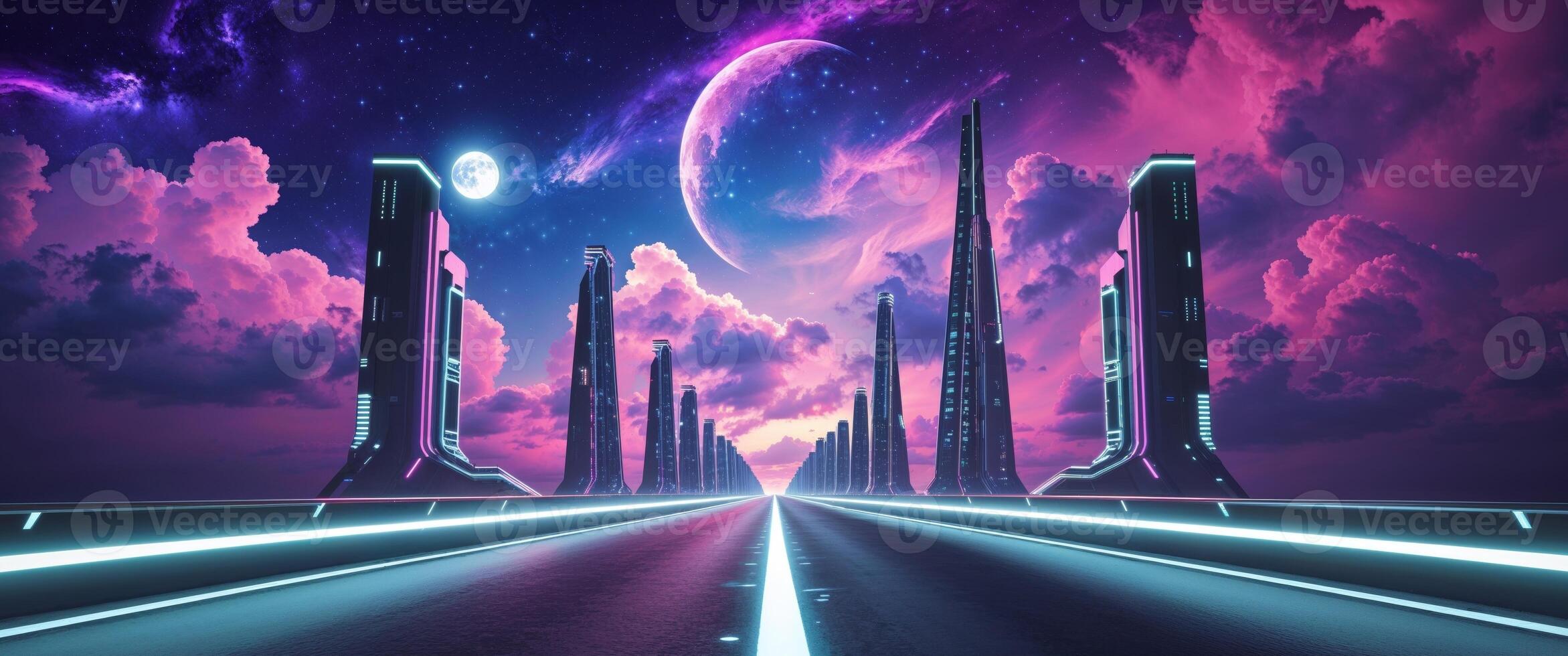 Futuristic Neon Road with Stars and Cosmic Background at Night photo