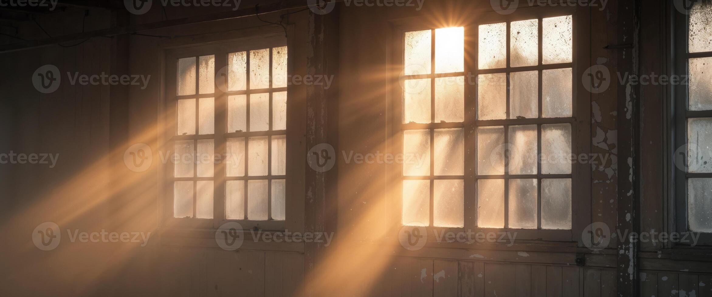 Mysterious light streaming dusty warehouse windows. photo