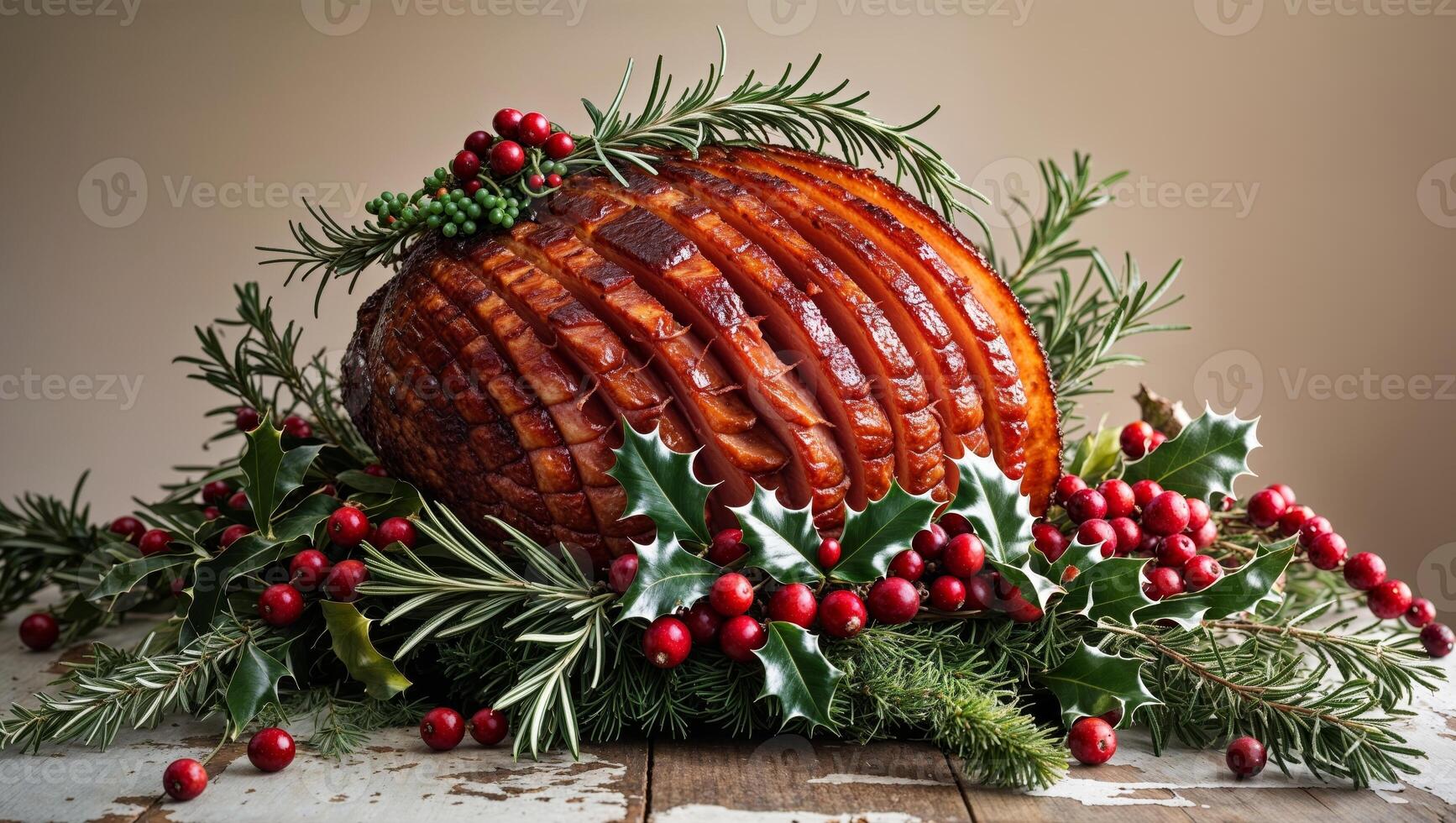 Glazed Festive Ham Centerpiece with Aromatic Herbs and Festive Berries on Rustic Wooden Table photo