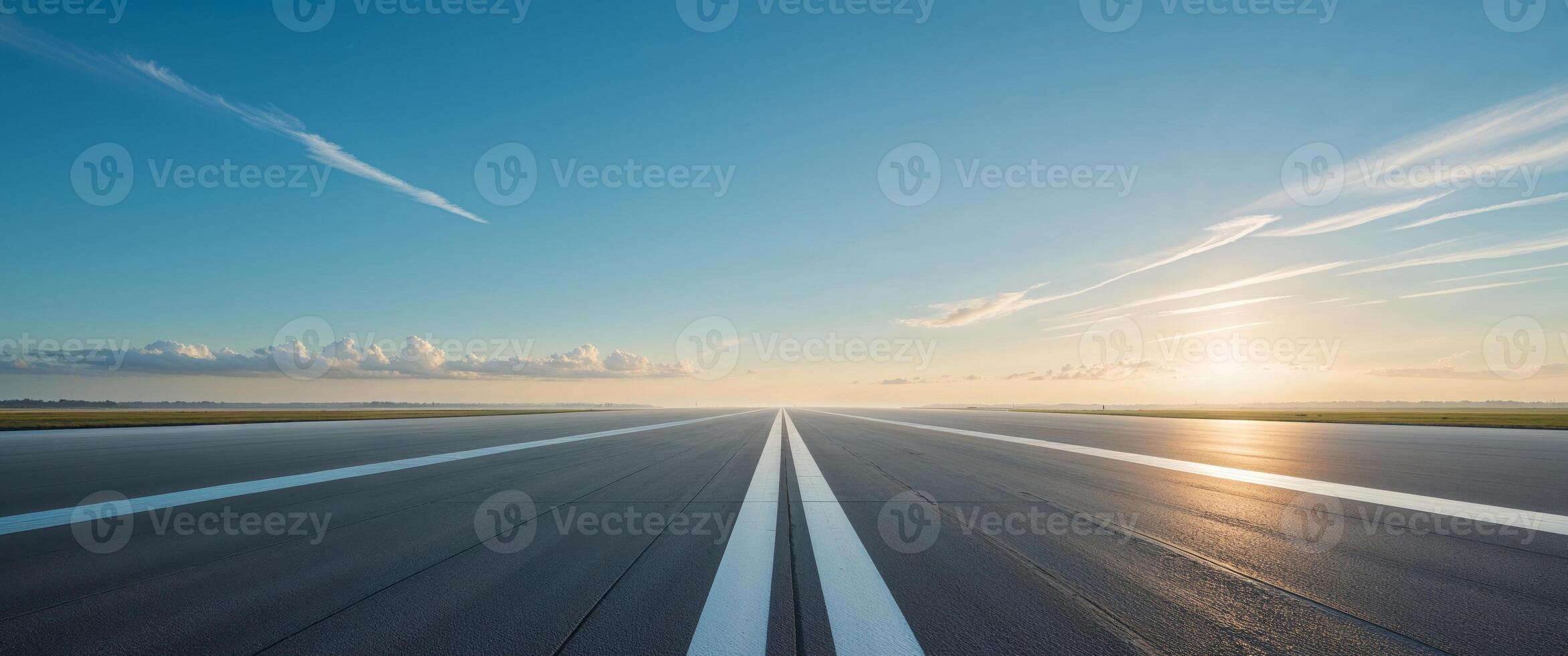Long empty runway stretching to the horizon under a clear blue sky at sunrise. photo
