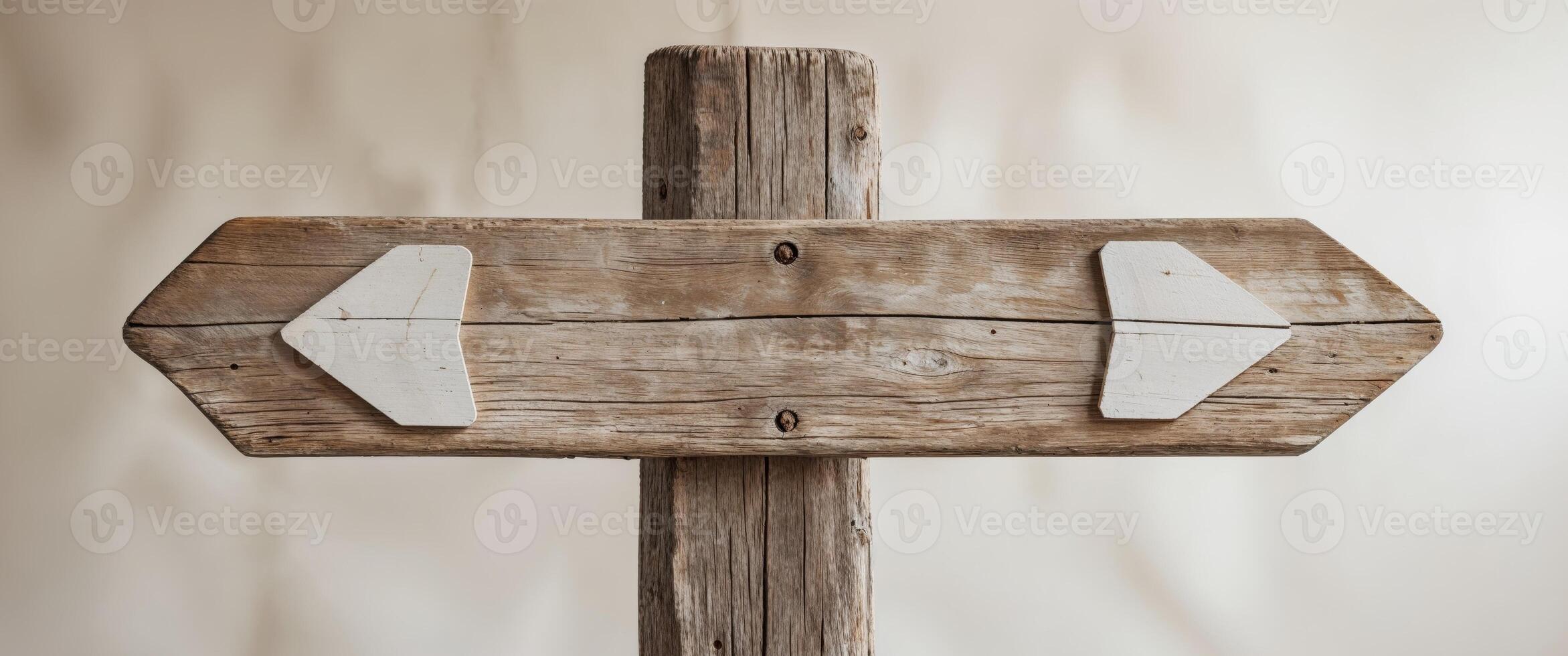 Rustic wooden signpost with two blank directional arrows. photo