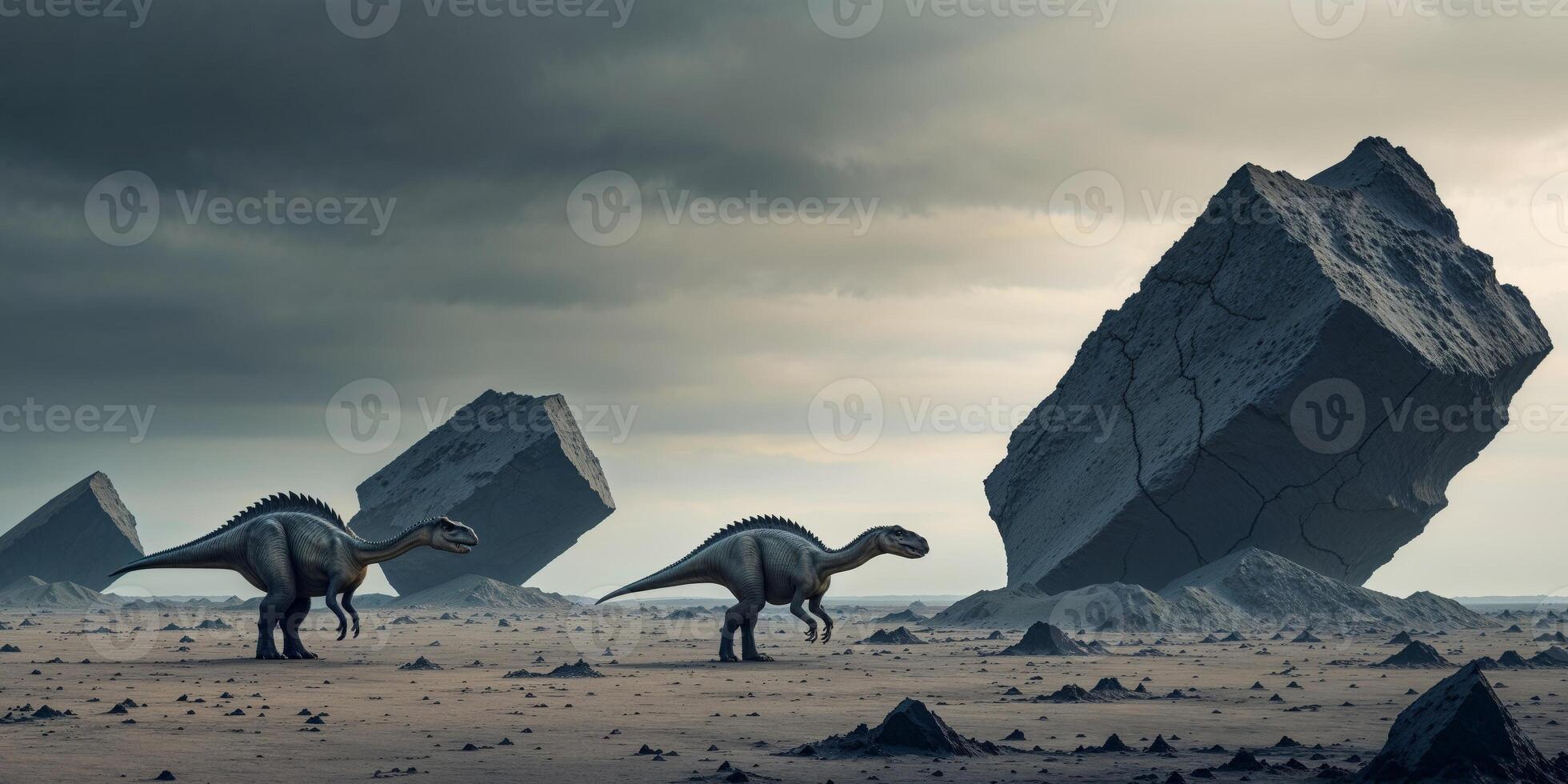 Three dinosaurs walking in front of a large rock formation photo