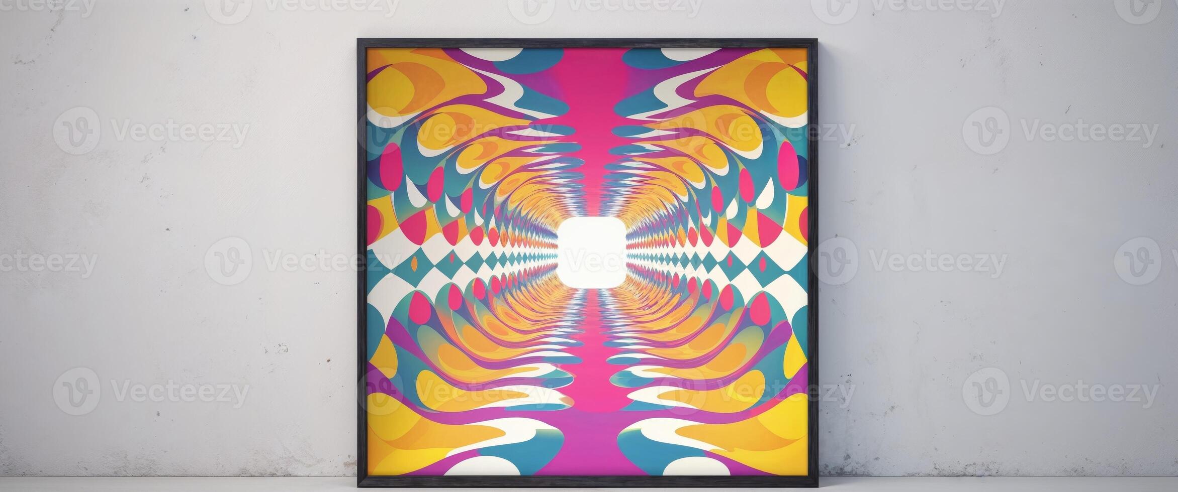 A framed art print with a colorful design photo
