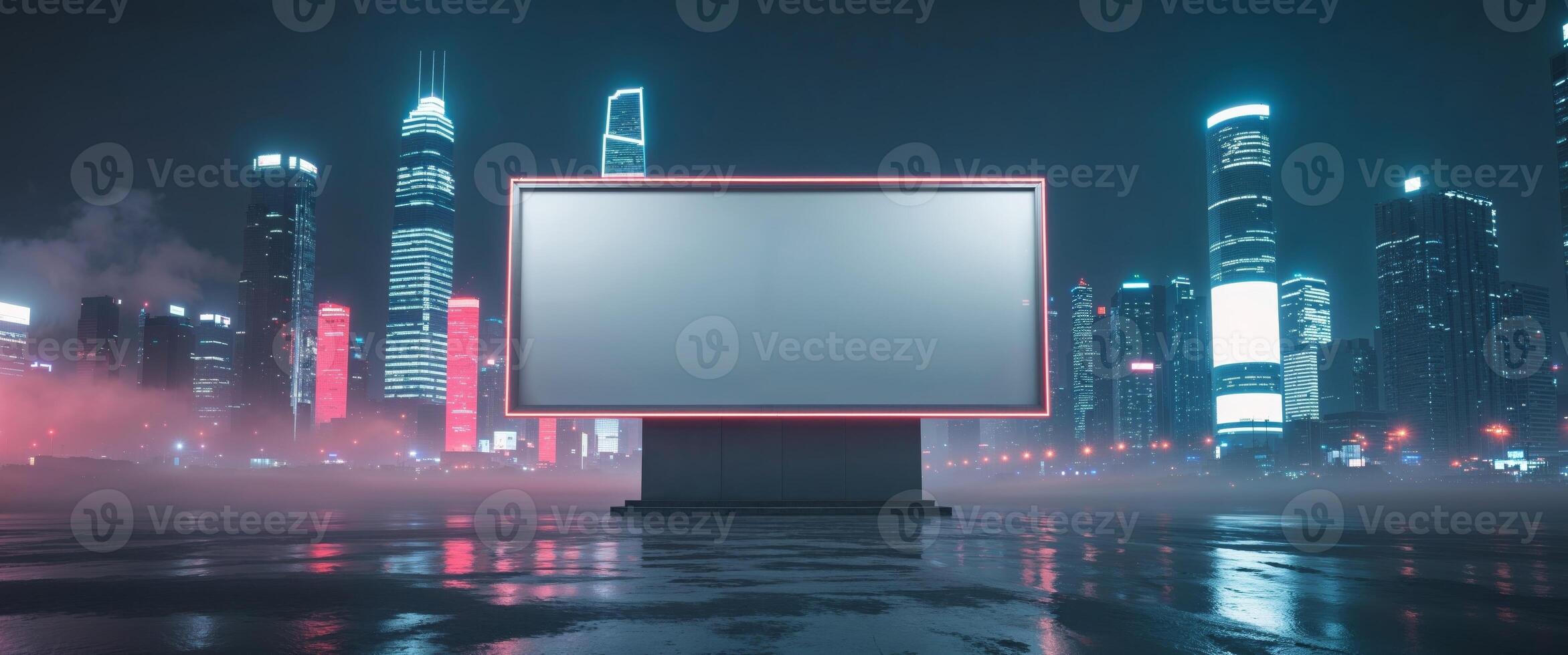 A blank billboard stands in front of a city at night photo