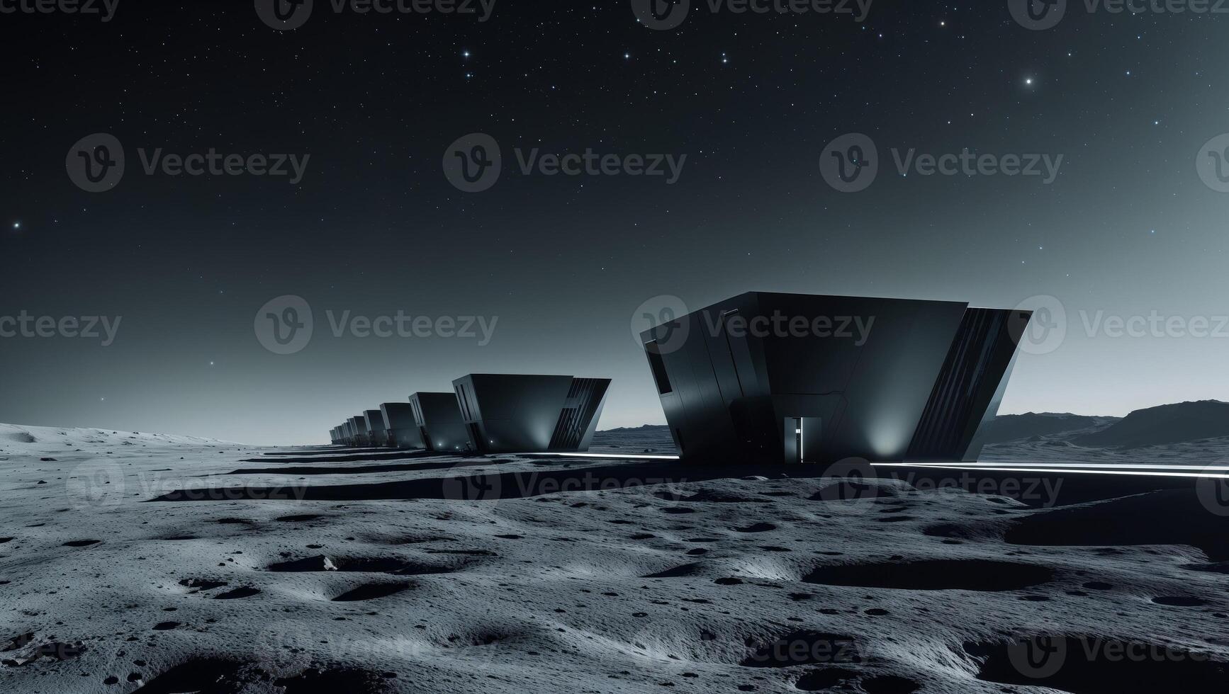 Three small buildings on the moon with stars in the sky photo