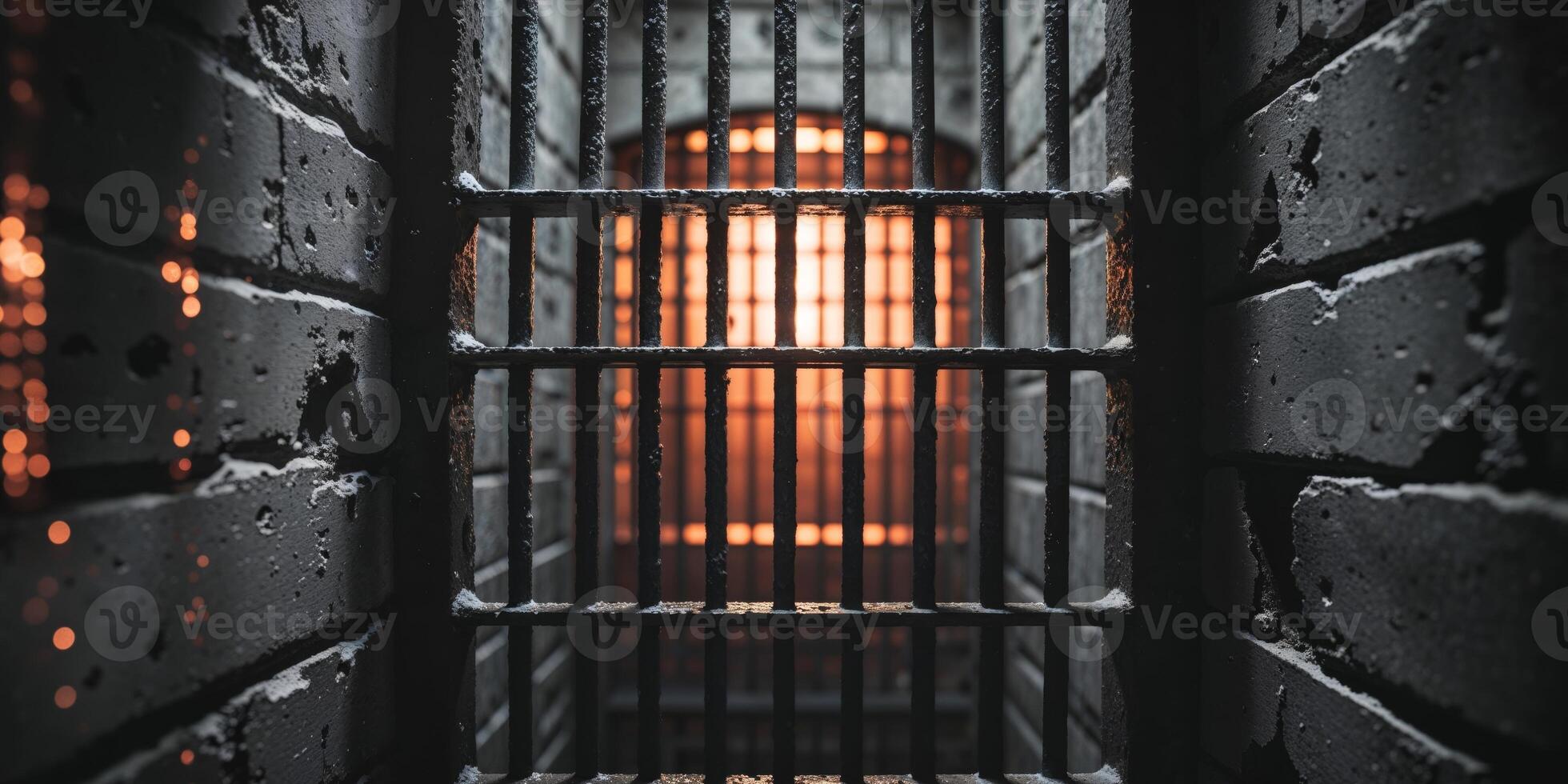 A prison cell with bars and a light shining through photo