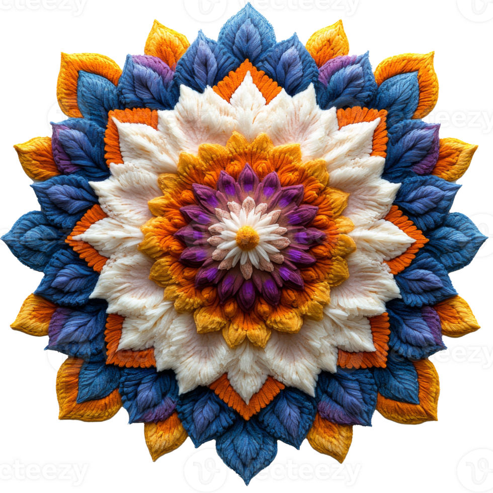 Intricately designed rangoli pattern showcasing vibrant colors and symmetrical shapes, often created for festive occasions to welcome guests and add beauty to homes png