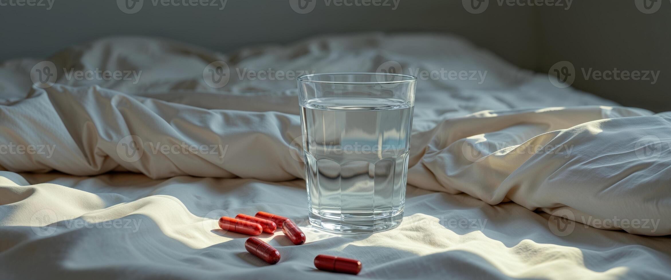 A glass of water and pills on a bed photo