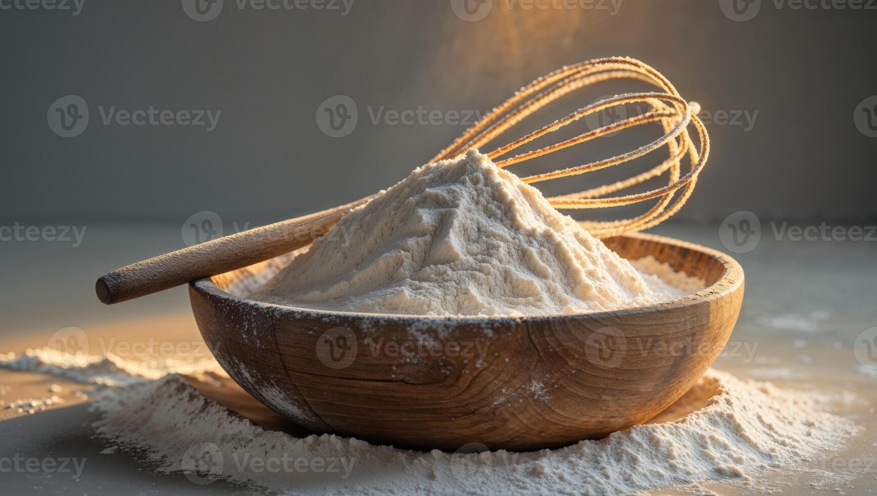 A wooden bowl with flour and a whisk photo