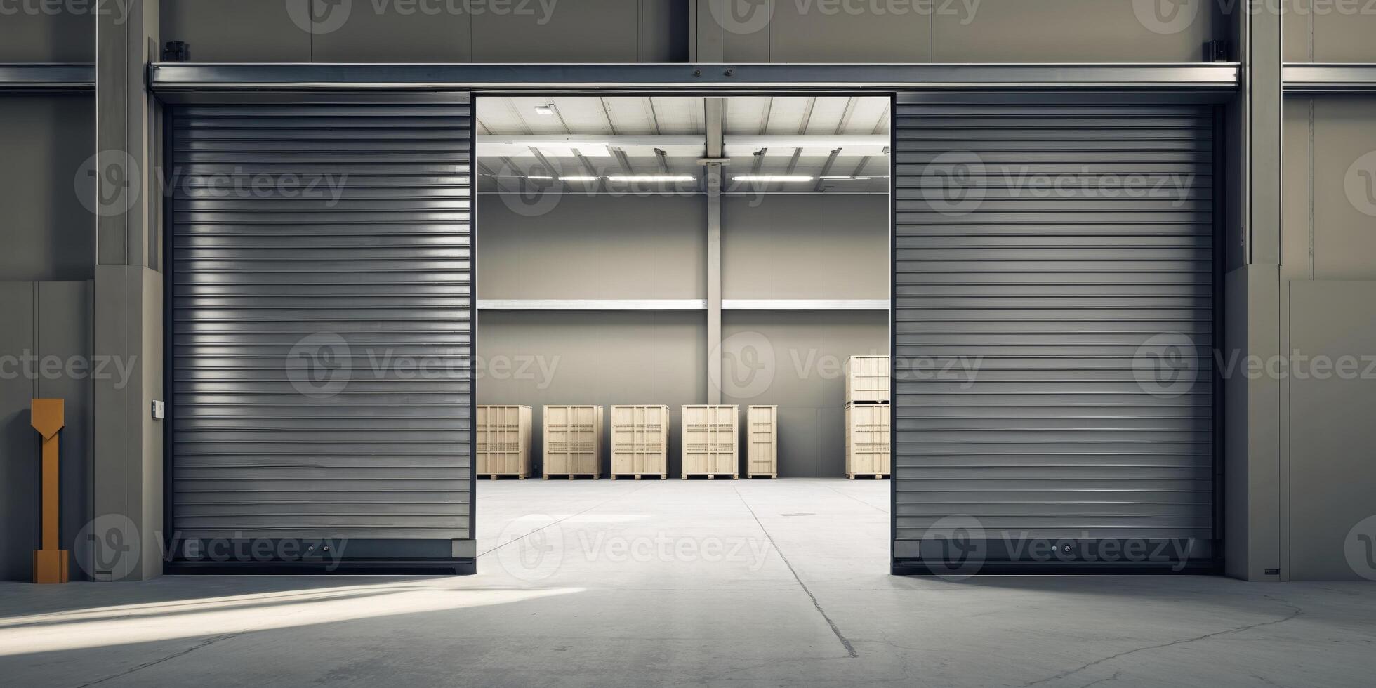 A large warehouse with two open doors photo